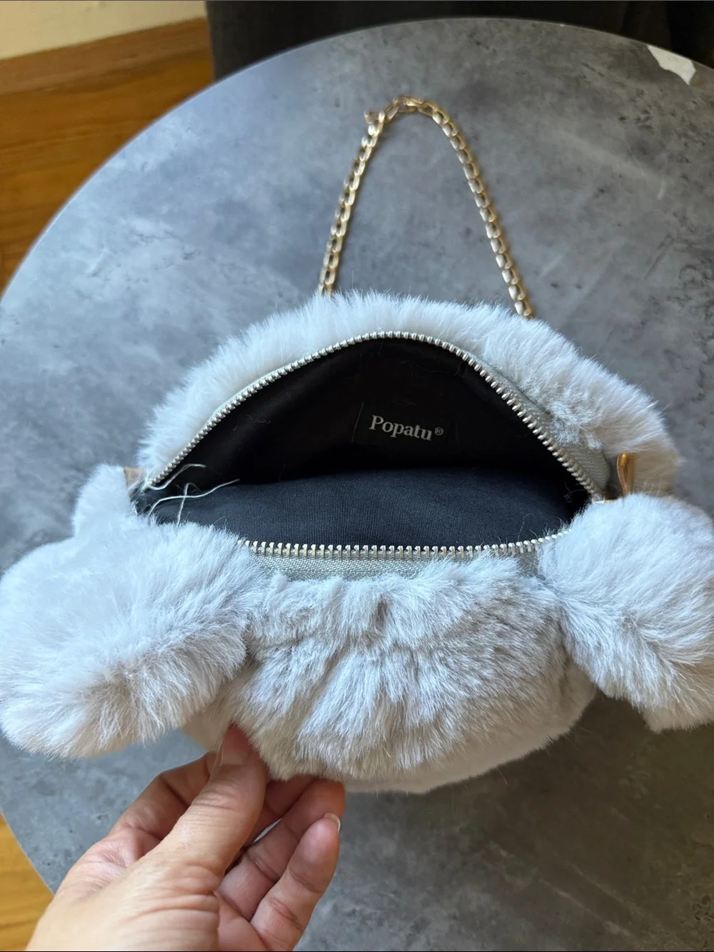 Popatu Plush Teddy Bear Crossbody Bag - Light Gray with Gold Chain